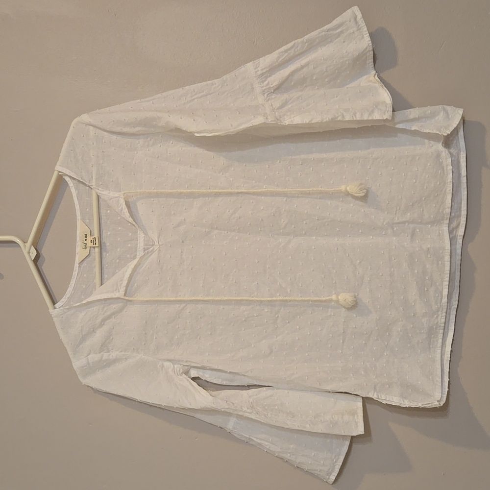 Land N Sea Sheer White Cotton Peasant Blouse Bell Sleeve Size Small